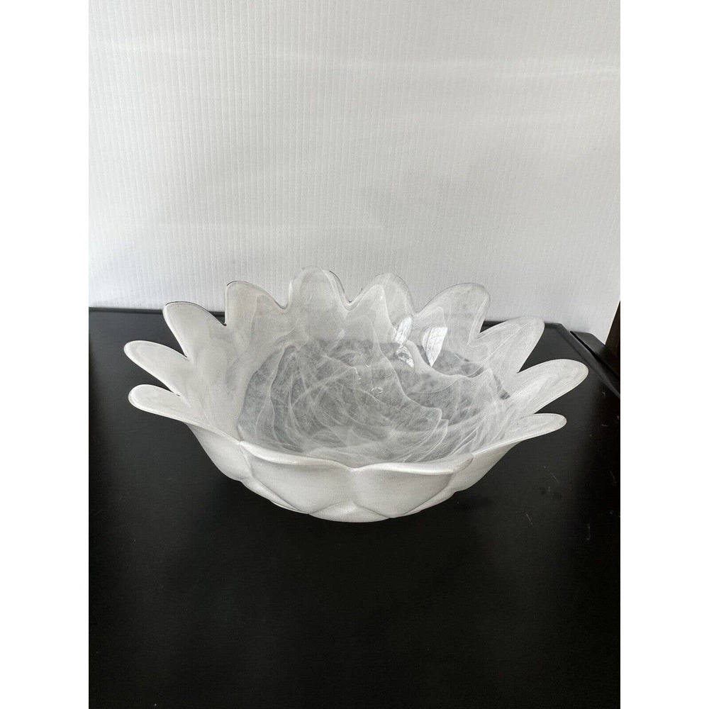 Glass Serving Bowl White and Clear Swirls Candy Bowl Dish Serving Floral Bowl